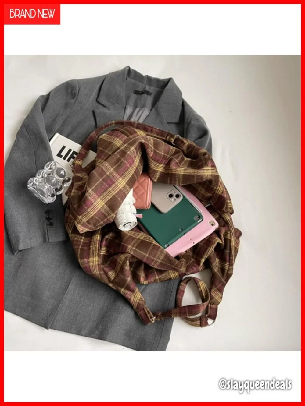 Plaid Canvas Slouchy Hobo Shoulder Bag for Women, Large Canvas Tote, Lightweight